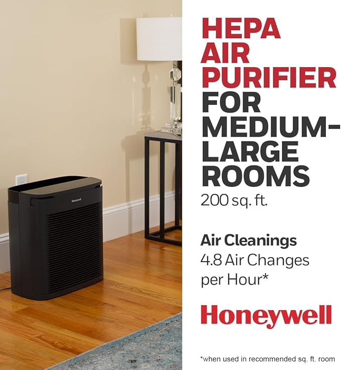 Honeywell PowerPlus HEPA Air Purifier for Home, Medium-Large Rooms, Reduces Allergens, Smoke, Wildfire Smoke, Pollen, Pet Dander and More, Black, HPA3100