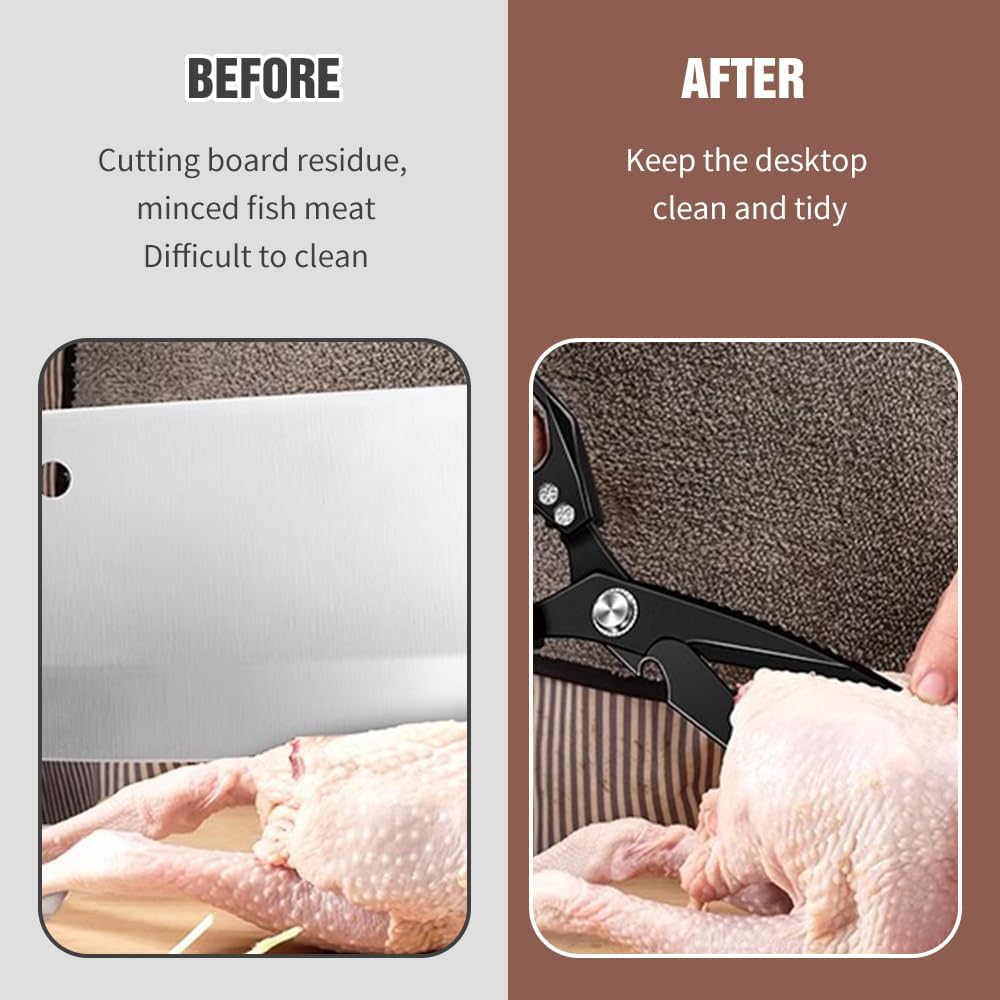 Multifunctional Heavy-Duty Kitchen Shears, Heavy Duty Kitchen Scissors for Food with Ergonomic Handle, High-Carbon Steel Culinary Shears for Chicken, Meat, Seafood, Bone Cutting (Long Black)