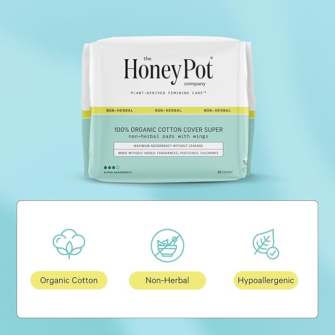 The Honey Pot Company - Sanitary Pads for Women - Non-Herbal Super w/Wings - Organic - Cotton Cover & Ultra-Absorbent Pulp Core - Feminine Care - FSA & HSA Eligible - 16 ct