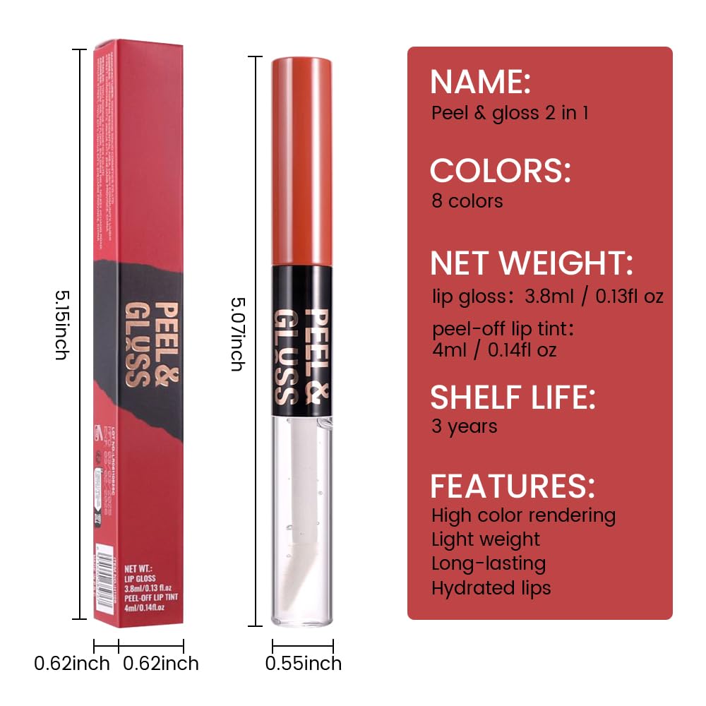 Lip Stain Peel Off Lip Gloss oil Dual-Ended Combo, Brown Lips Liner Stain Peel Off Tattoo, Long Lasting & Waterproof, Transfer-Proof Lip Tint Stain with Lip oil for All Skin Type 06#