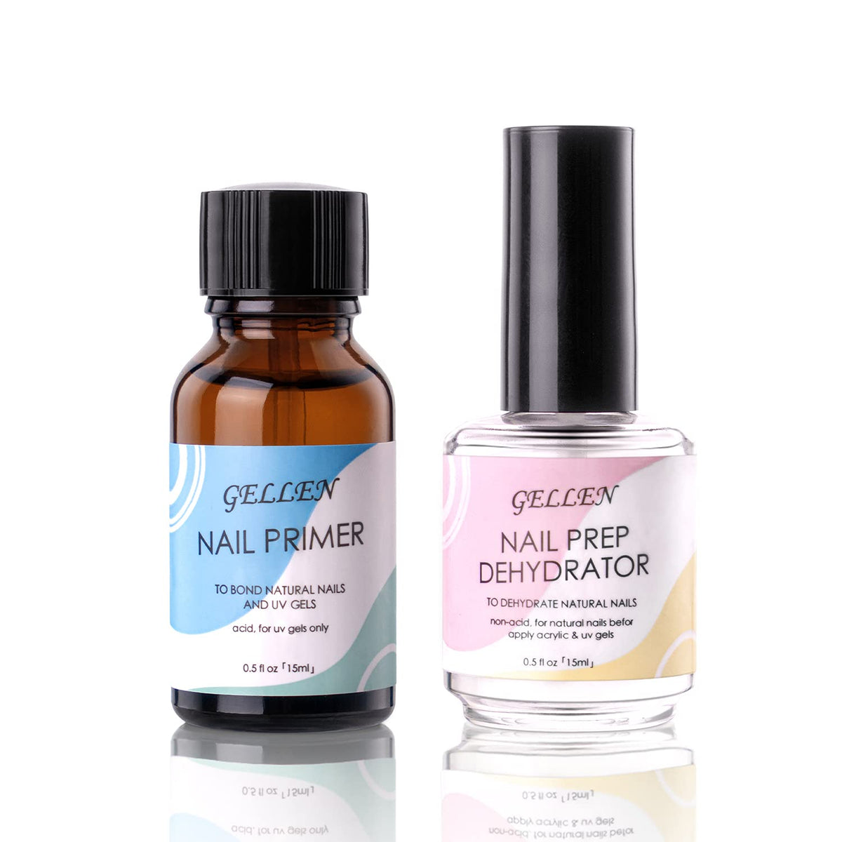 Gellen Nail Dehydrator and Nail Primer, Long-Lasting Air Dry (Acid Free) for Acrylic Powder and Gel Nail Polish, Superior Protein Bonding, 15ML / 0.5 oz Each