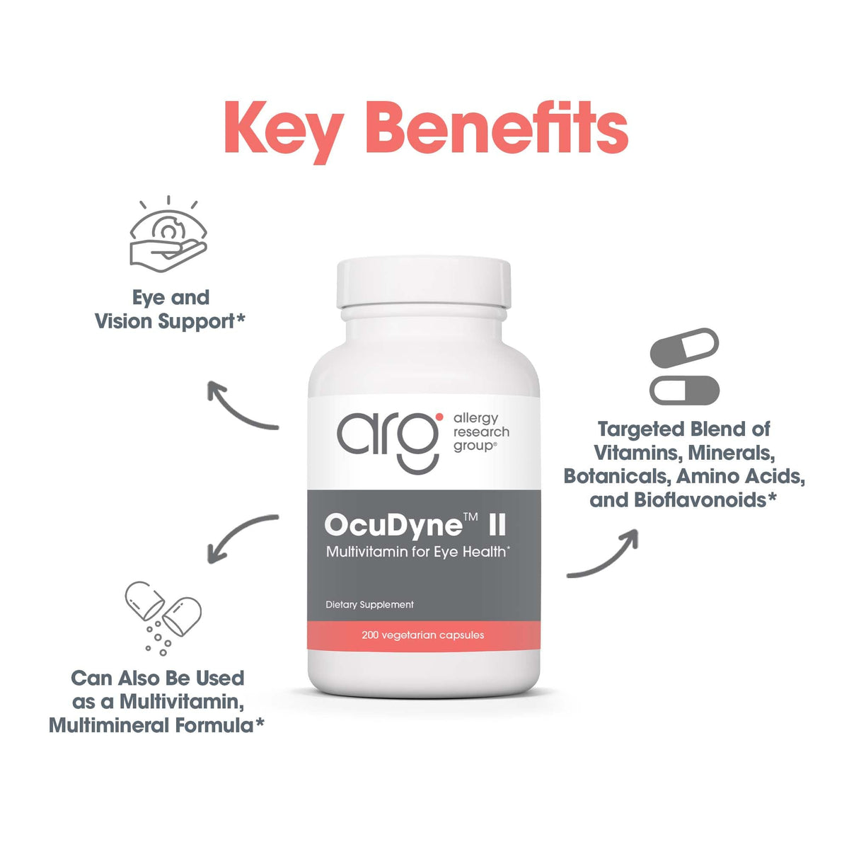 Allergy Research Group ARG OcuDyne II - Eye Health Supplement - Vision Support Vitamins with Lutein, Zeaxanthin & Antioxidants - Multivitamin Formula - Vegetarian - 50 Servings - 200 Capsules