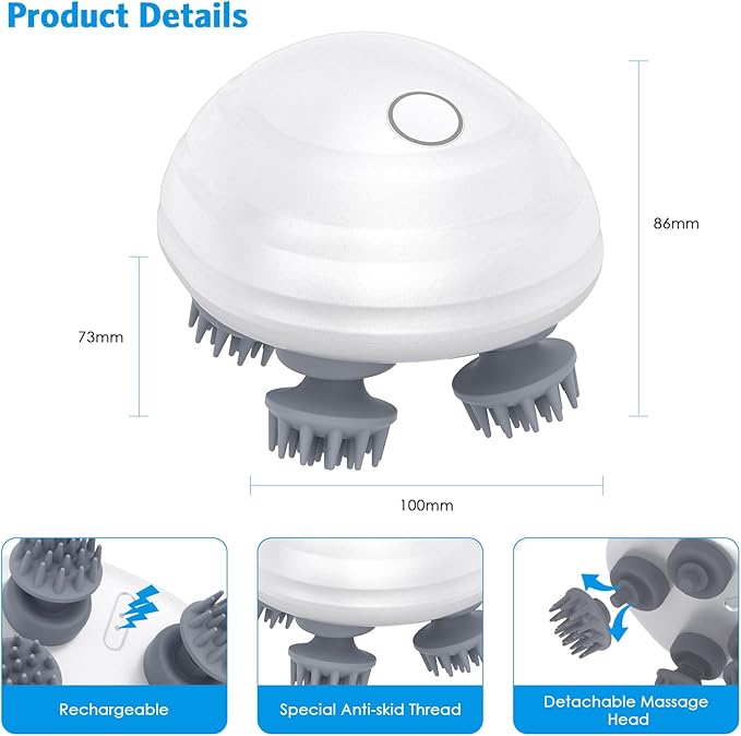 AMIR Electric Cordless Hair Scalp Massager, IPX7 Waterproof Portable Head Scratcher Massager with Kneading 96 Nodes, 5 Kneading Modes, for Hair Growth and Stress Relax, Gifts for Men Women