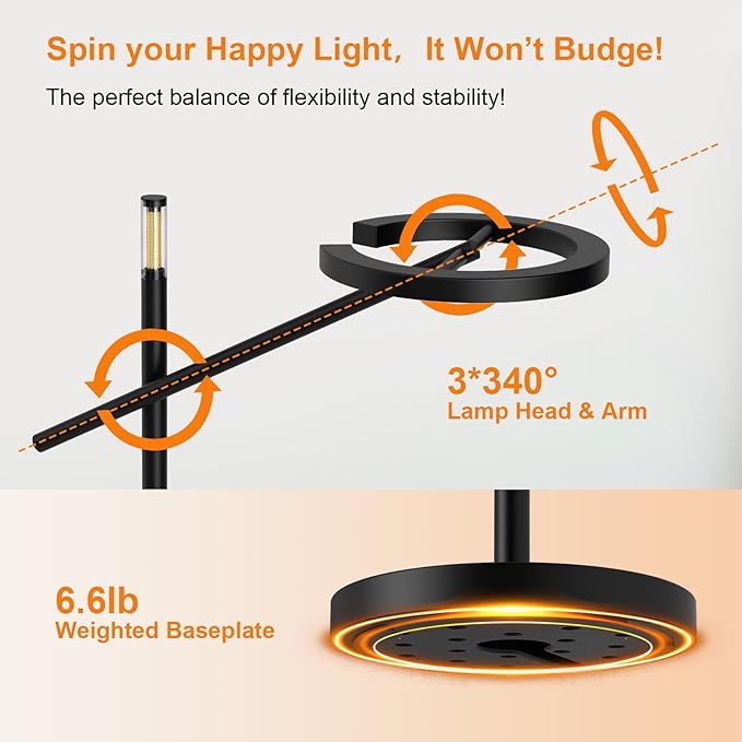 GLOWRIUM-H1 Smart Light Therapy Lamp 10000 Lux, LED UV-Free Sun Lamp, Circadian Rhythm, Full Spectrum Happy Light, Stepless Dimmable Energy Sunlight with App and Remote, Timer, Sleep Aid and Wake Up