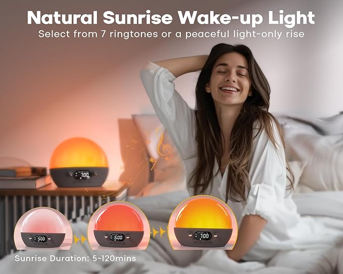 Sound Machine, Sunrise Alarm Clock w/Bluetooth Speaker, White Noise for Sleep, Wake up Light Alarm Clocks for Bedrooms, Heavy Sleeper, Dimmable Night Lights Sunset Lamp, for Baby Kids Adults