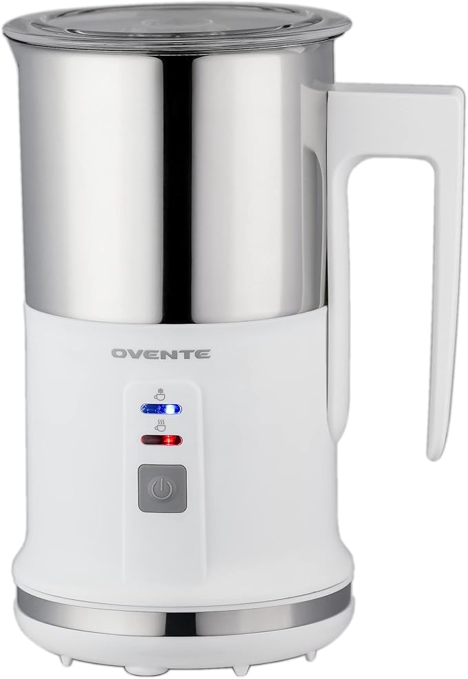 OVENTE Milk Frother Non-Stick Stainless Steel Electric Portable Auto Shut-Off Function, Hot and Cold Foam Perfect Warmer for Coffee Latte Cappuccino Chocolate, White FR1208W