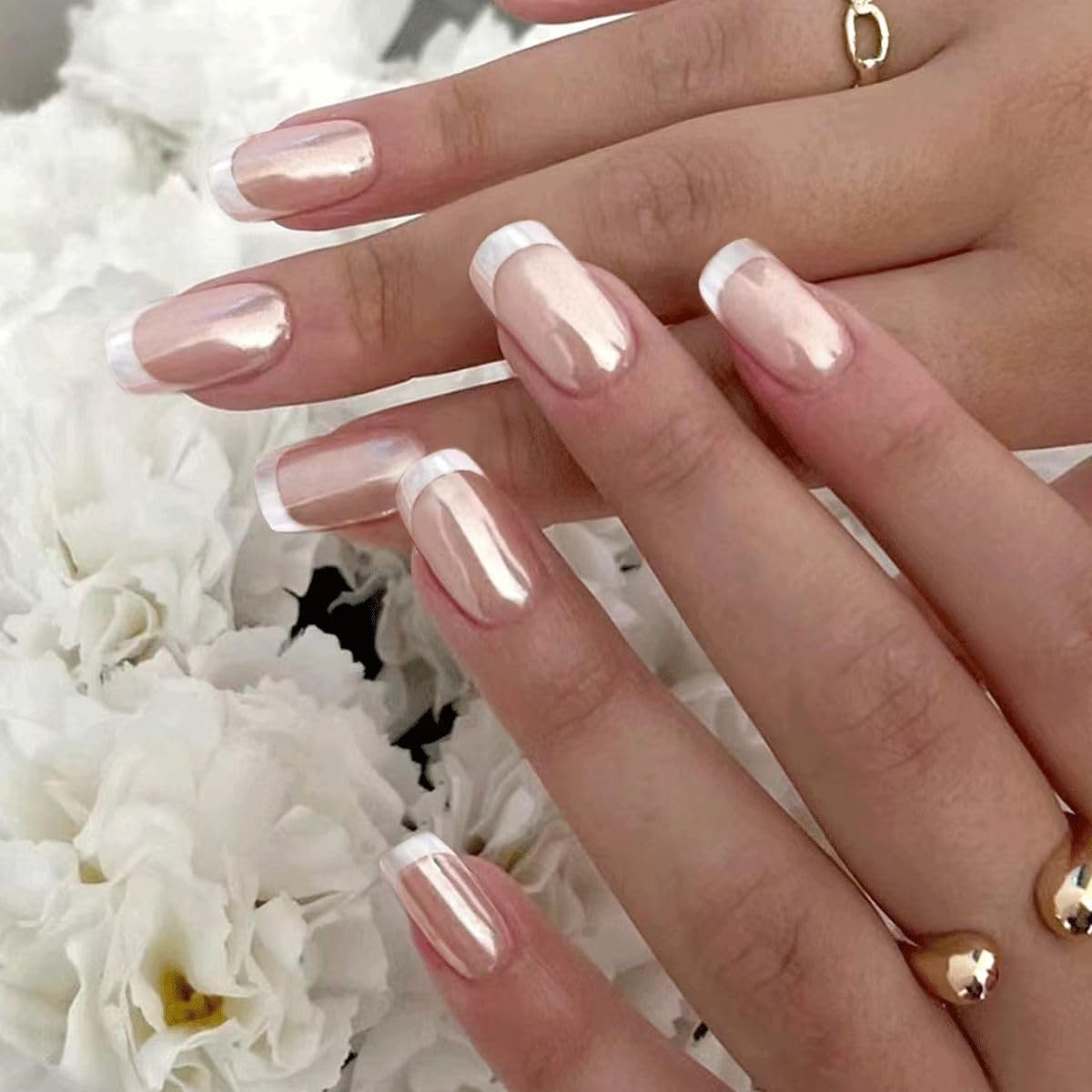 Aurora French Press-on Acrylic Nails - Short Square, Glossy Nude, Apricot Design, Full Cover, 24Pcs (Glossy Nude Glue on)