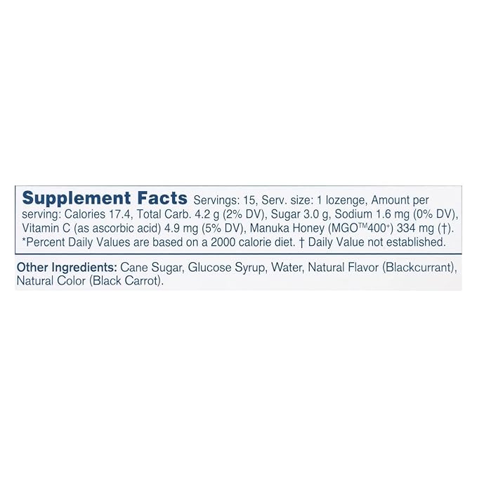 Manuka Health Manuka Honey Lozenges – 15 Blackcurrant Flavored Lozenges – Natural Throat Lozenges Infused with Raw Manuka Honey and Vitamin C for Immune Support