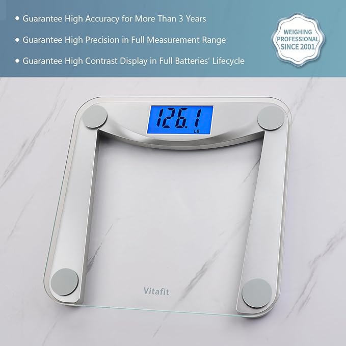 Vitafit Digital Bathroom Weight Scale for Body Weight, High Accuracy Assured by Weighing Professional Since 2001,Extra Large Blue Backlit LCD and Step-On, 400lb/180kg, Clear Glass