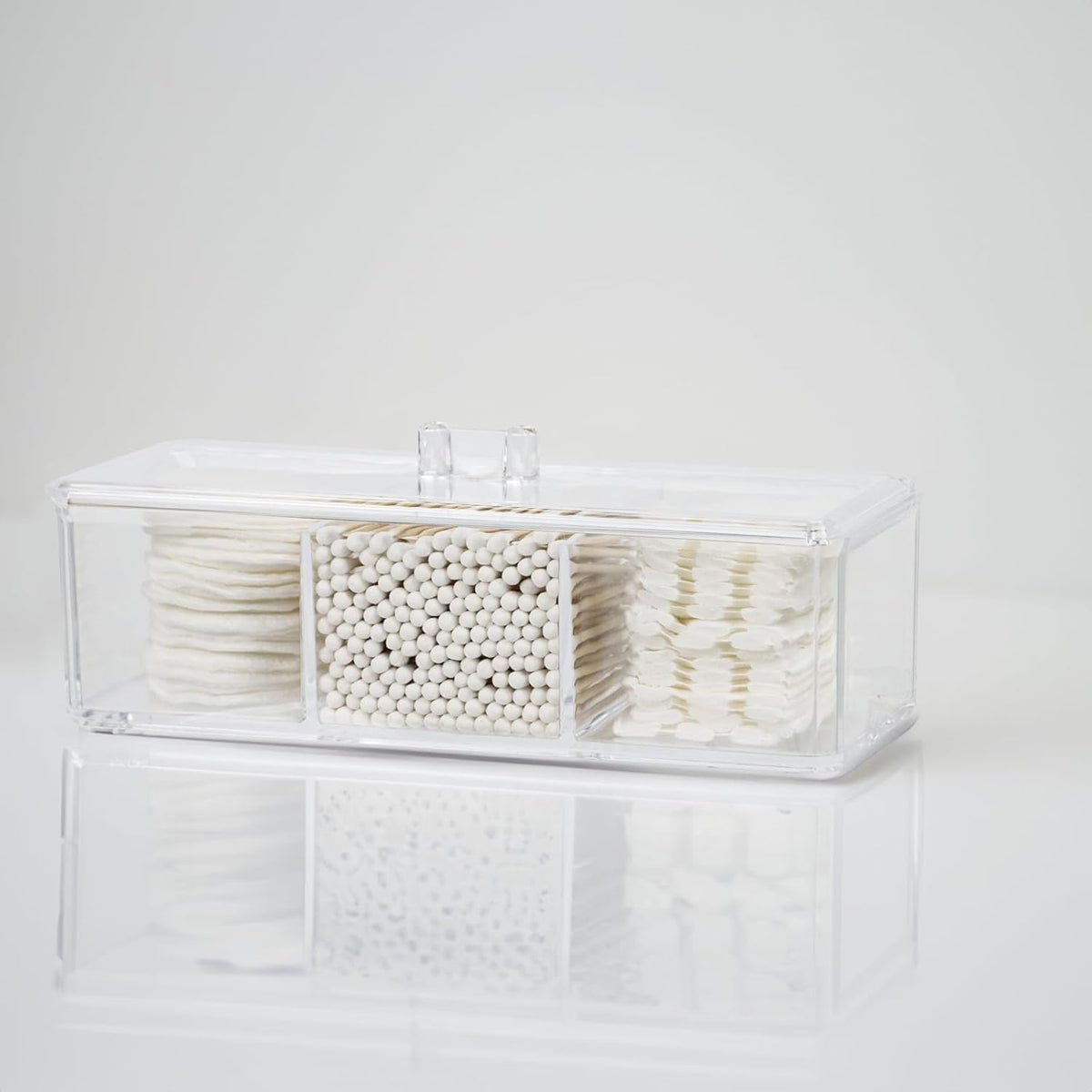 Clear Bathroom Dresser Organizer - Cotton Ball Swab Holder with 3 Divided Compartments&Lid, , Waterproof Transparent Small Plastic Storage Containers, Vanity Makeup Organization
