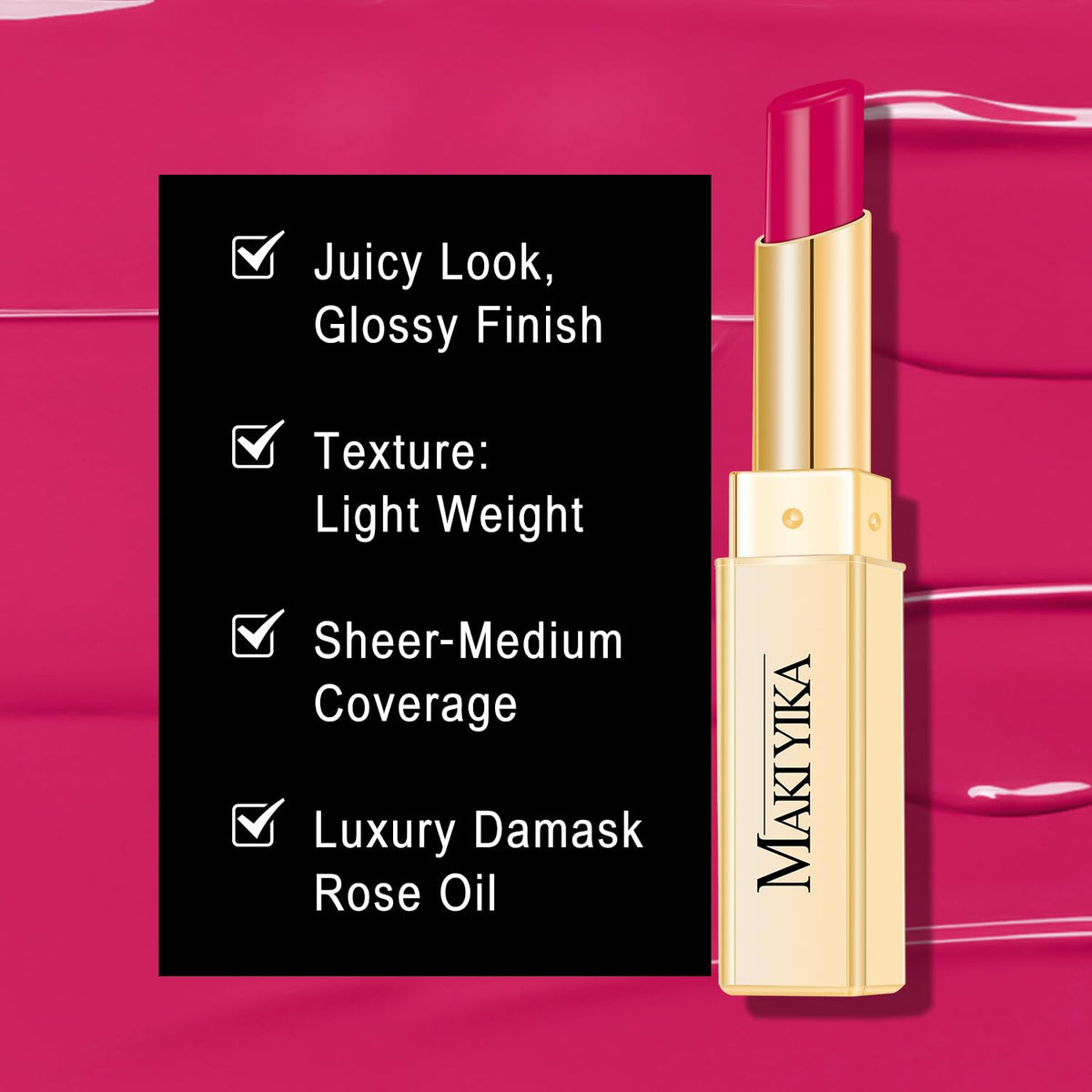 MAKI YIKA Moisture Hot Pink Lipstick for Women Hydrate Lip Balm for Dry Cracked Lips Weightless Glossy Lip Color Juicy Finish,MA056 Girl's Pink