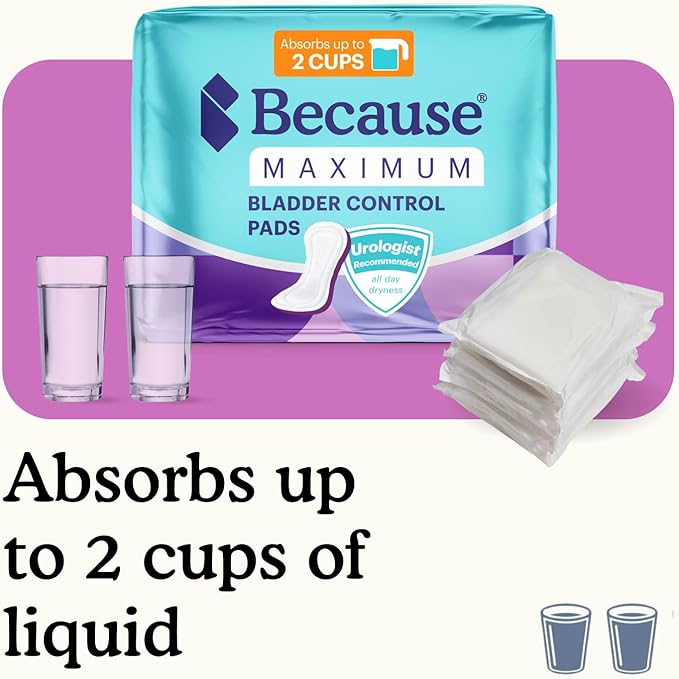 Because Incontinence Pads for Women - Maximum Absorbency, Postpartum Liners, Up to 100% Leak-Free Protection, Discreet Protection for Bladder Leaks, 6 Packs of 20 Count (120 Total)