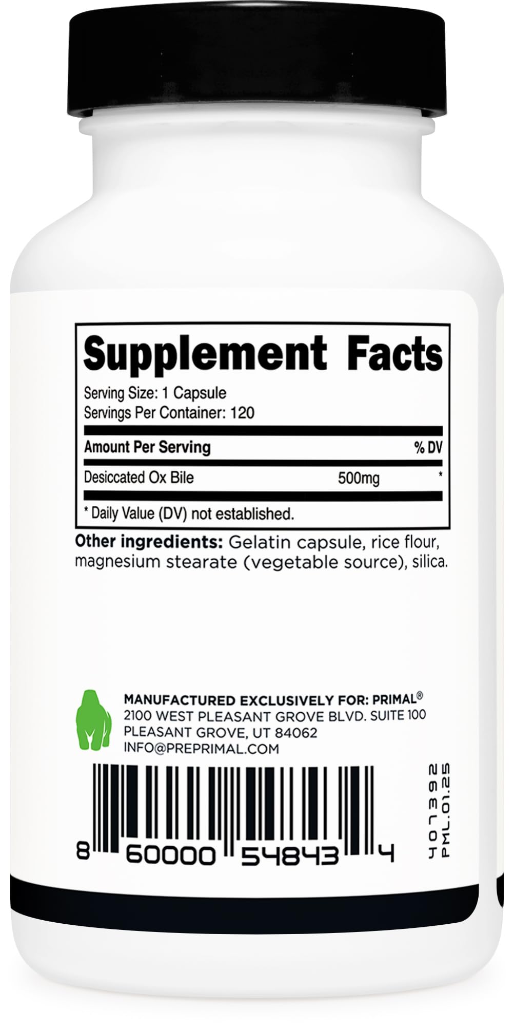 Primal Ox Bile (120 Capsules, 500 MG per Serving) - Gluten-Free, Non-GMO, Third-Party Tested