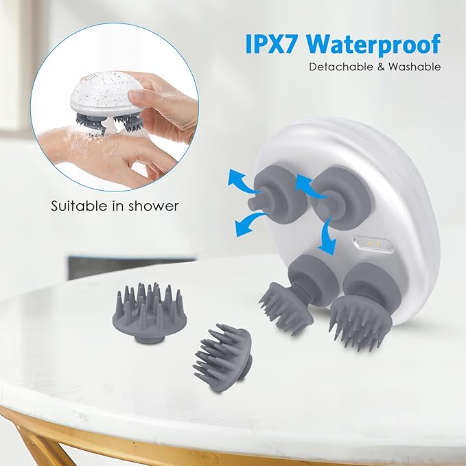 AMIR Electric Cordless Hair Scalp Massager, IPX7 Waterproof Portable Head Scratcher Massager with Kneading 96 Nodes, 5 Kneading Modes, for Hair Growth and Stress Relax, Gifts for Men Women