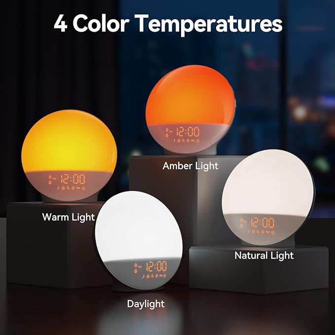 Wake Up Light, Sunrise Alarm Clock with 10,000 Lux Therapy Light, White Noise Sound Machine with Sleep Aid, 11 Atmosphere Lights, Dual Alarm & Snooze Function