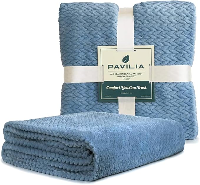 PAVILIA Soft Fleece Dusty Blue Throw Blanket for Couch, Lightweight Plush Warm Blankets for Bed, Fuzzy Cozy Flannel Blanket Throw for Sofa, Travel, Jacquard Pattern, Dusty Blue, Twin, 60x80 inch