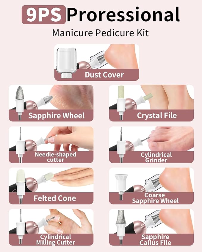 Cordless Electric Nail File Set, Professional Manicure Pedicure Kit, 10 Speed Portable Nail Drill Machine with Memory Modes, Pedicure Tools for feet, Hand Foot Care Tool for Thick Nail Toenail Cuticle