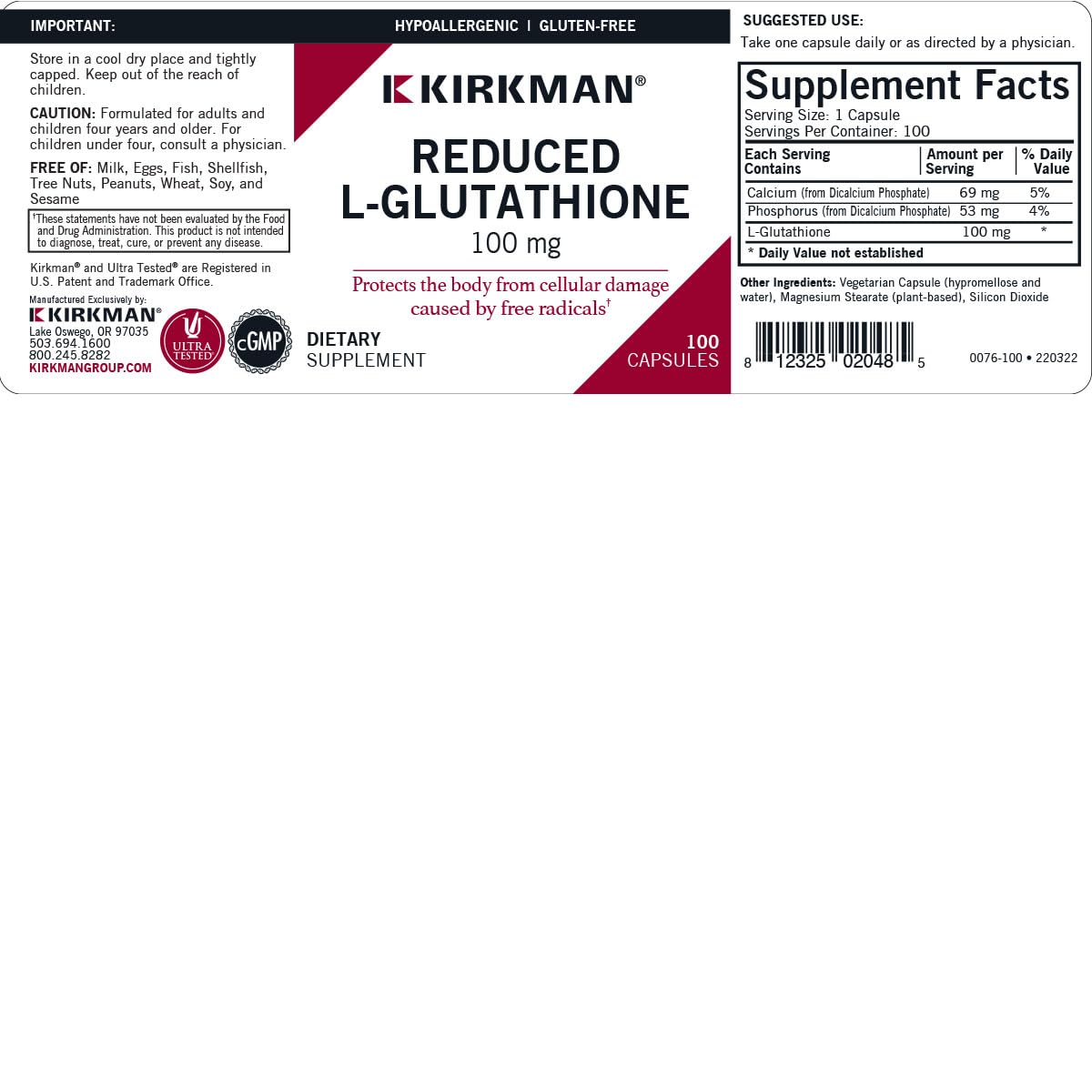 Kirkman Reduced L-Glutathione 100 mg - Hypoallergenic | 100 Vegetarian Capsules | Antioxidant