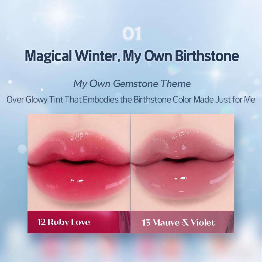 ETUDE Over Glowy Lip Stain Tint #13 Mauve Violet | Non-Sticky Vegan Lip Tint | Moisturized & Long-lasting Lip Gloss | Daily Lip Stain for Dry Lips, Korean Makeup