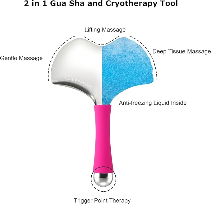 Stainless Steel Gua Sha Facial Tool for Women｜2-in-1 Cooling Massager & Ice Roller with Handle, Built-in Anti-Freeze Liquid for Skincare, Lifting, and Puffiness Relief