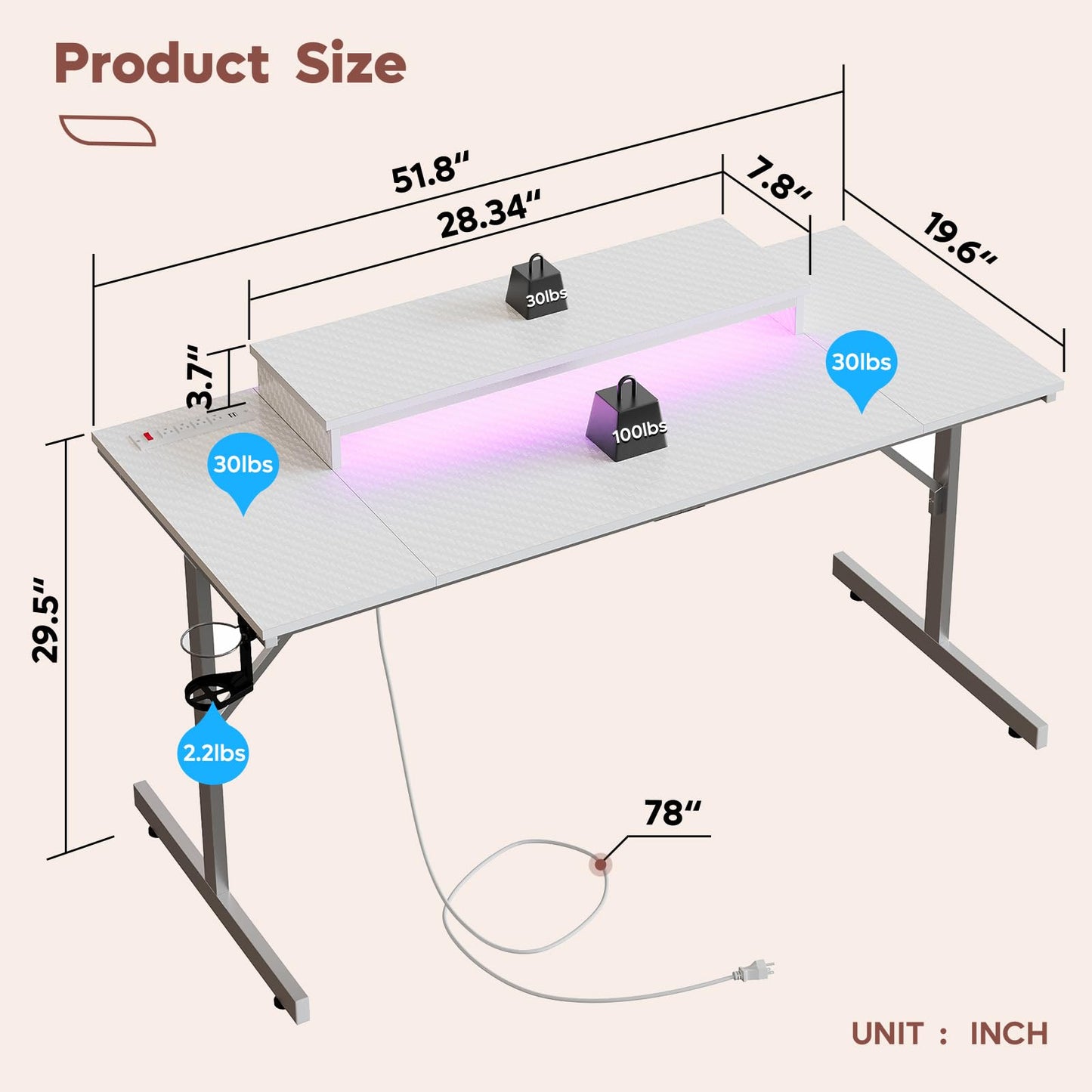 Bestier 52 inch Gaming Desk with Power Outlets and USB Charging Ports, Computer Desk with LED Lights and Monitor Stand, Gamer Desk for Home Office, Easy to Assemble, Carbon Fiber White