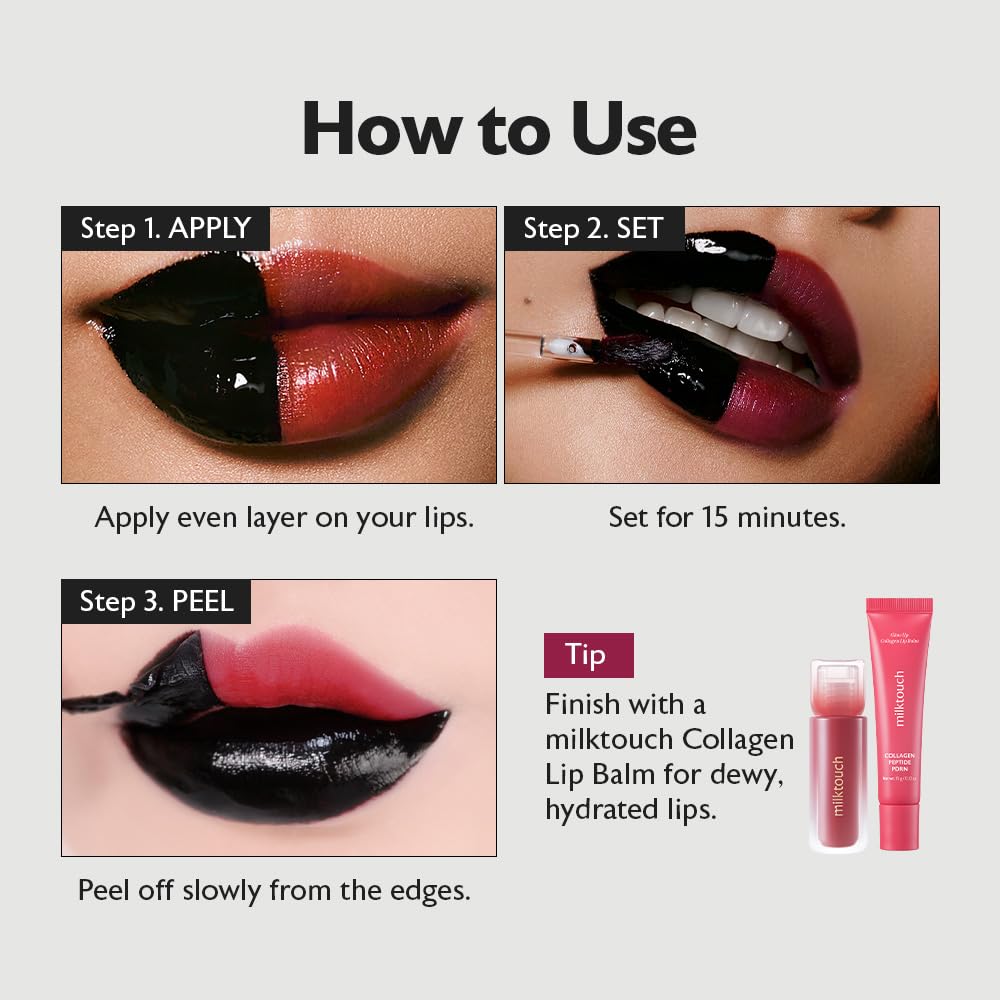 MILKTOUCH [Summer-proof Lip Combo] Black Peel Off Lip Tattoo #03 Black Apple + Collagen Lip Balm #VanillaCake