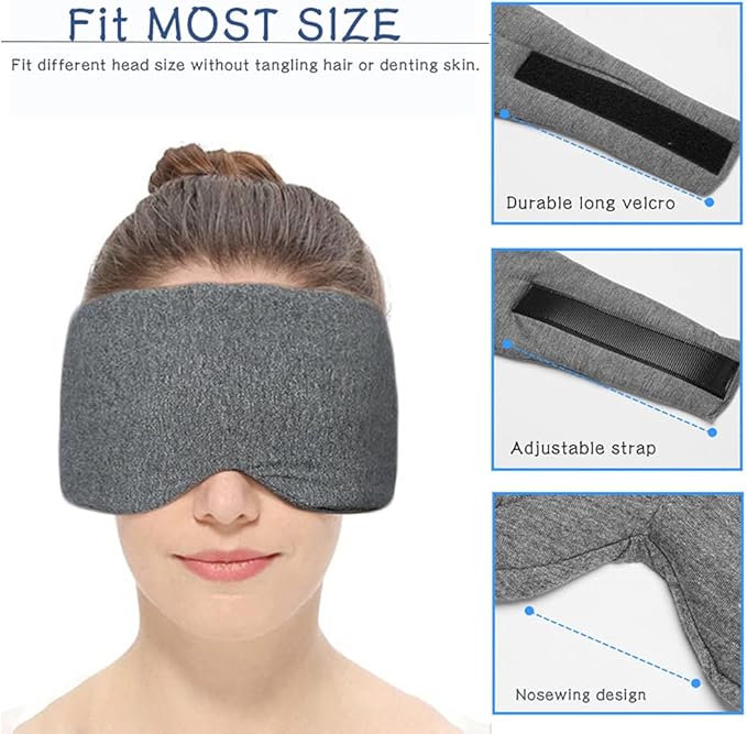 Sleep Mask for Men Women,100% Cotton Sleep Eye Mask with Fully Adjustable Strap, 100% Light Blocking Eye Mask for Sleeping, 0 Pressure Eye Covers for Travel Yoga Nap (Gray)