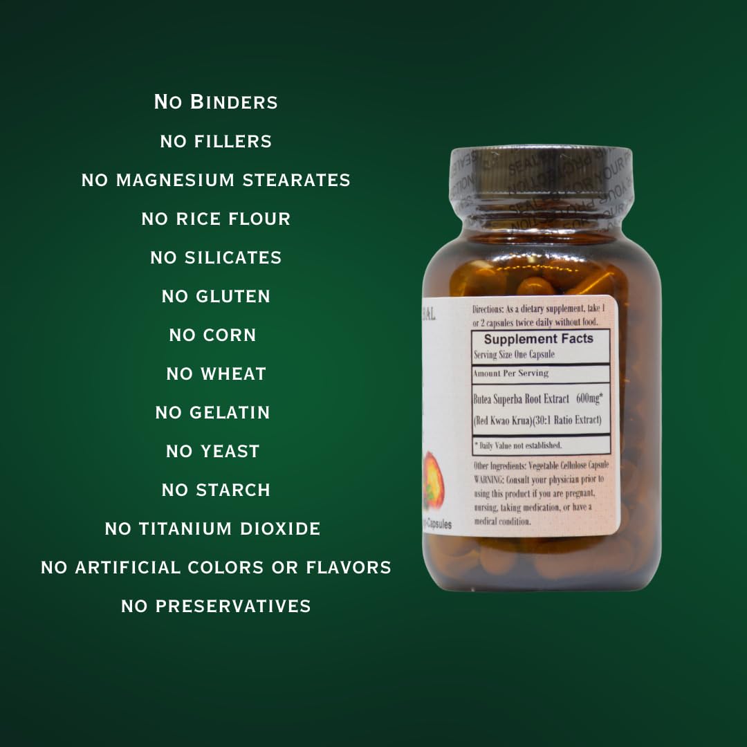 Barlowe's Herbal Elixirs Butea Superba Extract 30:1 | 600mg Per Capsule | Thai Male Vitality Herb | 60 Vegan Capsules | High Flavonoid Content | Stearate-Free, Glass Bottled
