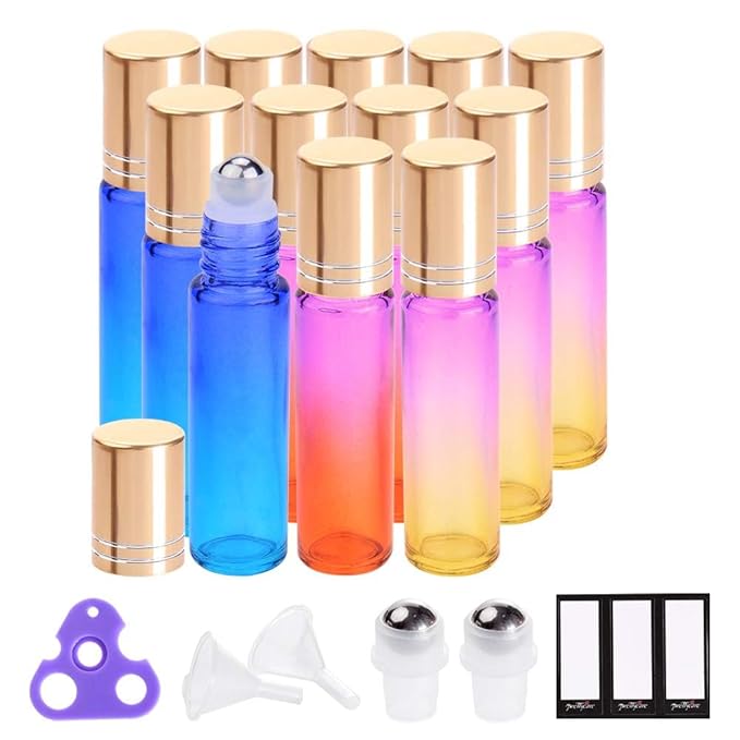 PrettyCare 12 Pack, 10 ml Essential Oil Roller Bottles with Stainless Steel Roller Ball - Refillable Leak-proof Empty Thick Rainbow Glass Roll on Bottles with Metal Caps for Travel, Perfume