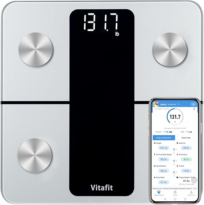 Vitafit Smart Bathroom Scale Body Weight, High Accuracy Assured by Weight Scale Professional Factory Since 2001, App Sync 13 Body Composition Including BMI, Body Fat and Muscle, 400lb, LED, Silver