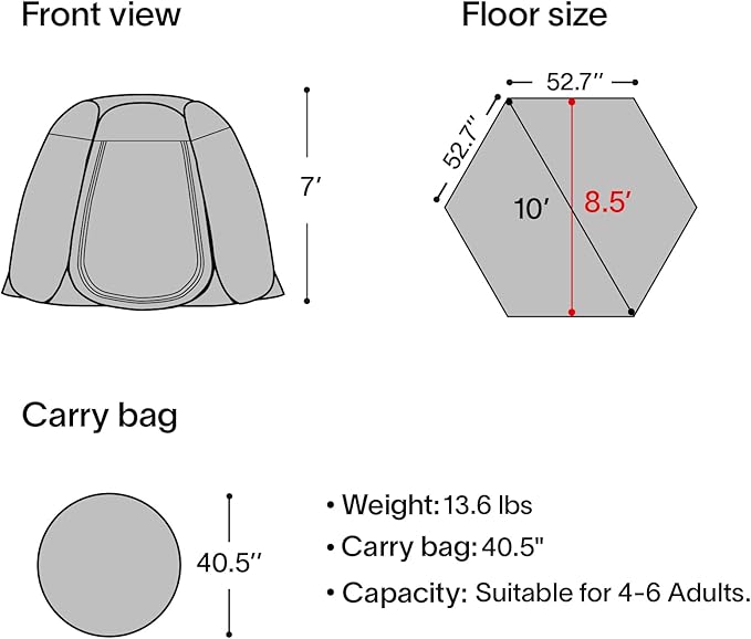 Patio Gazebo Screen House Room, LEEDOR Pop Up Outdoor Gazebo Tent with Roll Up Mosquito Netting, Easy Setup & Waterproof & Sunshade, Suitable for Camping Trip, Backyard, Beach, Picnic - Grey