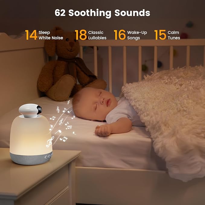Glocusent Smart Baby Sound Machine with 62 Music Tracks, 1080P Wide-Angel Video Monitor, 24 Colors Baby Night Light for Nursery, Cry Detection, 5.1 Bluetooth Speaker, Perfect for New Parents (WiFi)
