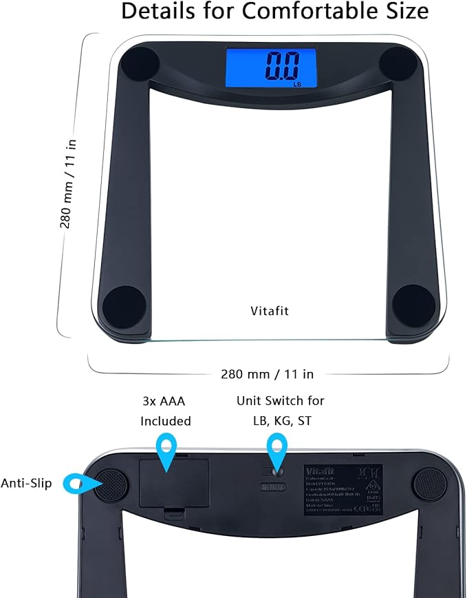 Vitafit Digital Bathroom Weight Scale for Body Weight, High Accuracy Assured by Weighing Professional Since 2001,Extra Large Blue Backlit LCD and Step-On, 400lb/180kg, Superb Black