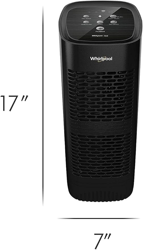 Whirlpool Whispure WPT60B, True HEPA Air Purifier, Activated Carbon Advanced Anti-Bacteria, Ideal for Allergies, Odors, Pet Dander, Mold, Smoke, Smokers, and Germs, Medium, Black