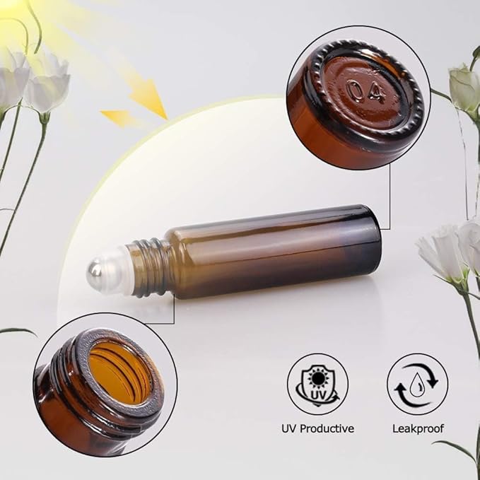 sungwoo 4 Pack Essential Oil Roller Bottles Stainless Steel, 10ml Amber Glass Roller Bottles with Caps for Travel, Perfume and Lip Gloss