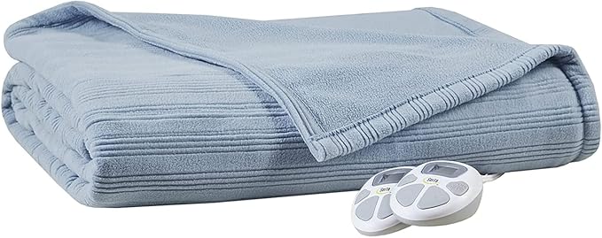 Serta Travis Fleece Ultra Soft Tri-Rib Textured Electric Blanket, Cozy and Snuggly Cover Fast Heating for Cold Weather, Auto Shut Off, Multi Heat Setting Controller, King, Dusty Blue