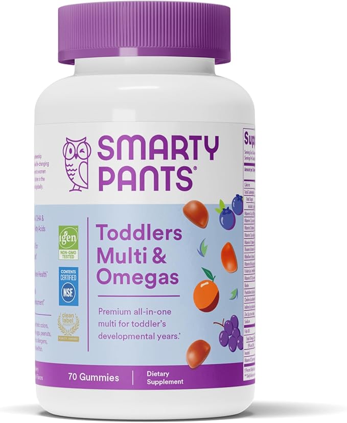 SmartyPants Toddler Multivitamin Gummies: Omega 3 Fish Oil (EPA/DHA), Vitamin D3, C, Vitamin B12, B6, A, K & Zinc, Biotin, Beta Carotene, Gluten Free, Three Fruit Flavors, 70 Count (23 Day Supply)