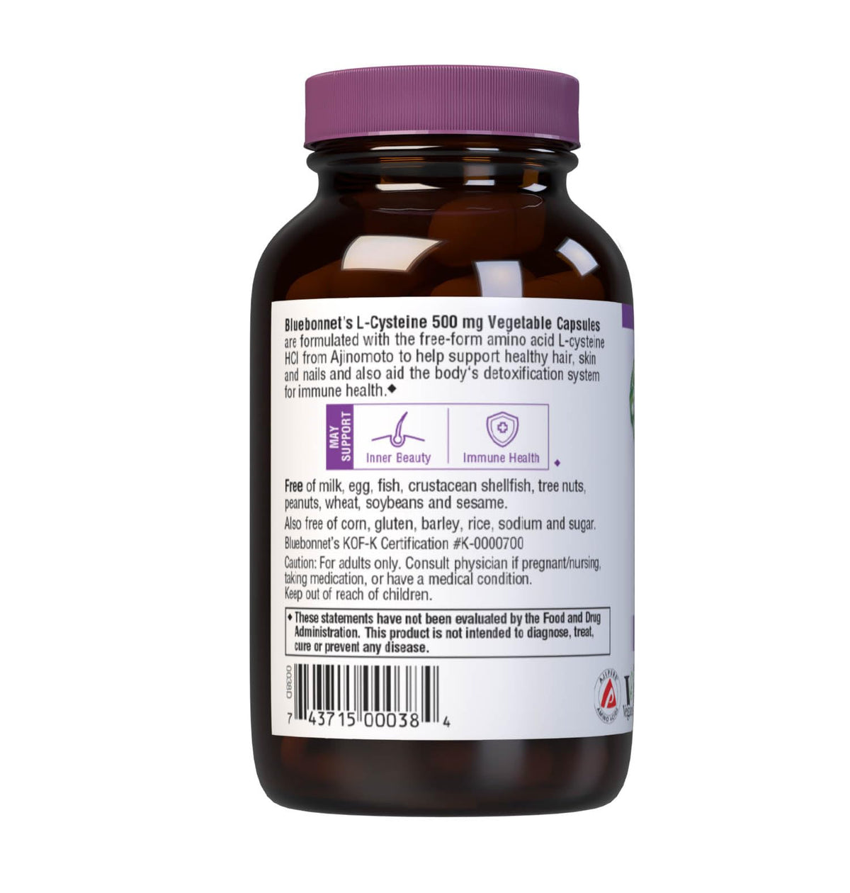 Bluebonnet Nutrition L-Cysteine 500mg, Free-Form Amino Acid, Promotes Healthy Skin, Hair and Nails, Soy-Free, Gluten-Free, Non-GMO, Kosher Certified, Vegan, White, 60 Vegetable Capsules