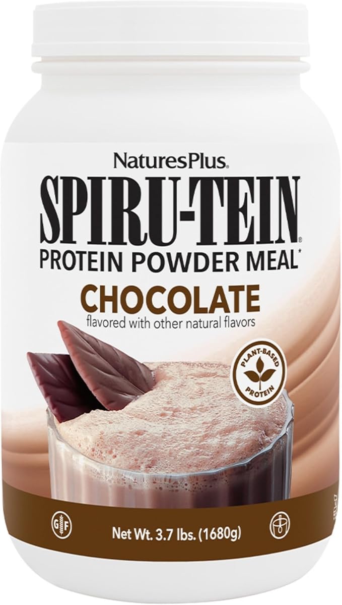 Natures Plus SPIRU-TEIN, Chocolate - 3.7 lbs - Plant-Based Protein Shake - Non-GMO, Vegetarian, Gluten Free - 60 Servings