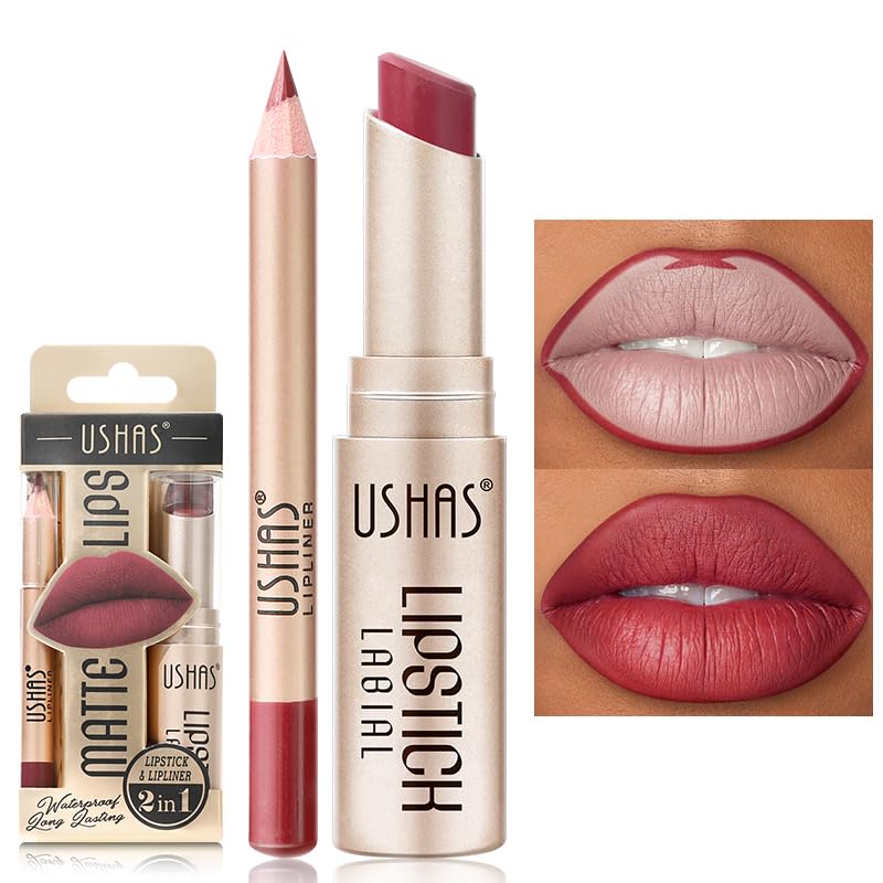 USHAS 2 in 1 Waterproof Lipstick and Lip Liner Combo Set, Long Lasting Matte Lip Pen for Women, Makeup Kit (G4, Pack of 1)