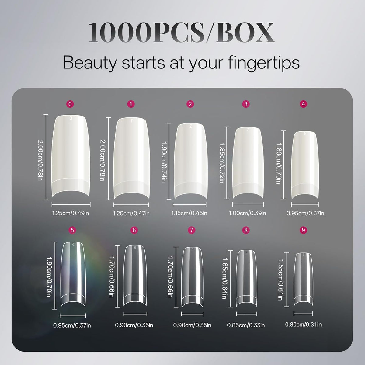 krofaue Nail Tips Lady French Style Acrylic Artificial Half Cover False Nail Tips with Box Ideal for Salons and Home DIY Manicure,10 Sizes,1000PCS (Natural and Clear)