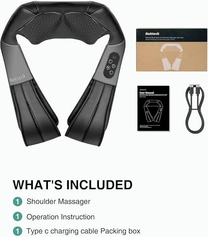 Nekteck Cordless Shiatsu Neck and Back Massager with Soothing Heat, Electric Deep Tissue 3D Kneading Massage Pillow for Shoulder, Leg, Body Muscle Pain Relief, Home, Office, and Car Use