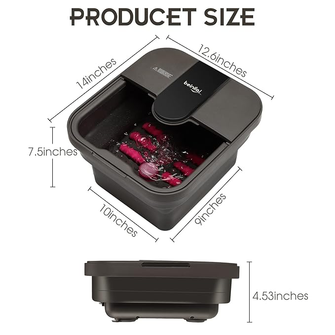 Beinilai Collapsible Foot Spa,Foot Bath with Heat and Massage and Bubble Jets,Foot Soak Tub with Six Non Motorized Rollers,Acupressure Massage Points,Red Light and Removable Pumice Stone