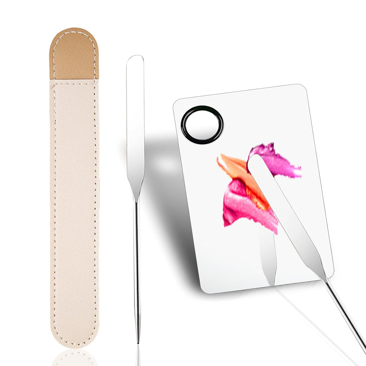 Picasso Makeup Spatula and Palette Set, Korean Makeup Spatula with Leather Cover, Stainless Steel Makeup Palette with Scraper Tool, Metal Foundation Palette for Cosmetic Pigment Blending（SS）