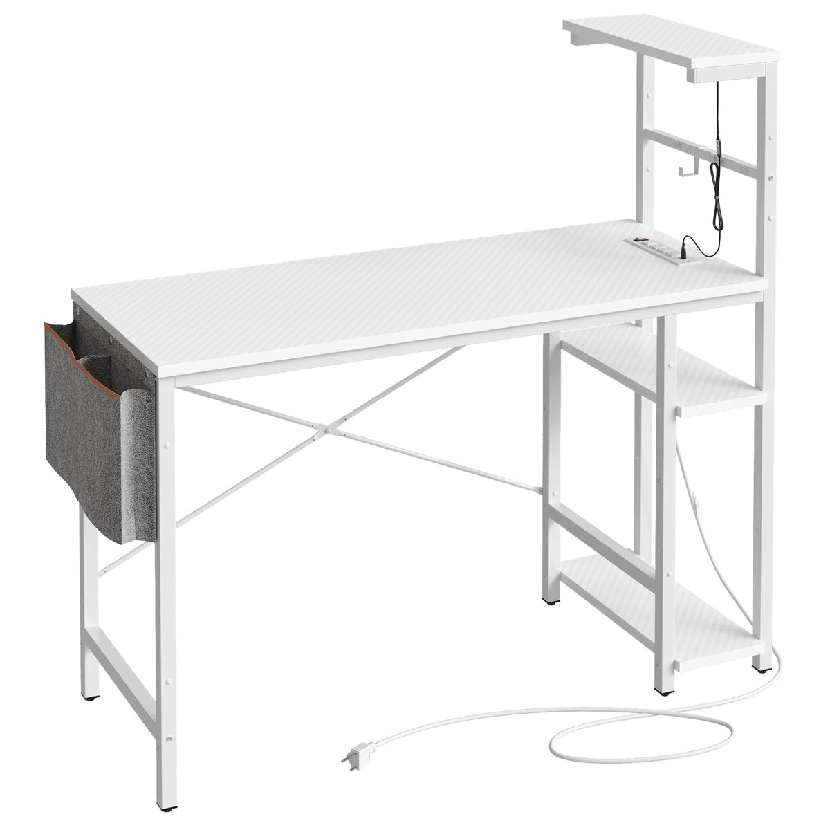 Bestier Gaming Desk with Power Outlets, 44 Inch Led Gamer Desk with 4 Tiers Reversible Shelves, PC Gaming Table with Headset Hook & Side Storage Bag for Bedroom (White 3D Carbon Fiber)