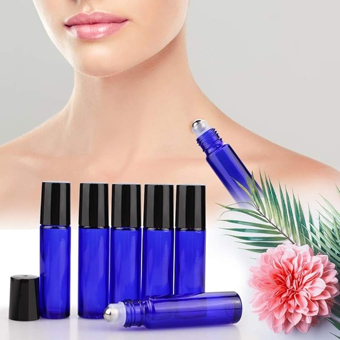sungwoo 25 Pack Essential Oil Roller Bottles, 10ml Blue Glass Roller Bottles with Stainless Steel Roller Balls and Caps for Travel, Perfume and Lip Gloss