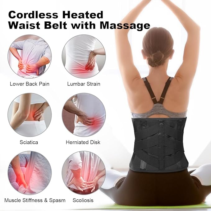 Cordless Heating Pad Back Massager Brace for Lower Back Pain Relief, Heated Back Brace Vibration Wrap with Rechargeable Battery, Heating Lumbar Support Belt with Massage for Cramps (M)