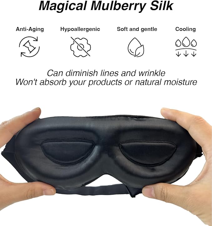 PROMEED Adjustable 100% Mulberry Silk Sleep Mask 23 Momme, 3D Contoured No-Pressure Cup Eye Mask for Sleeping, Super Soft Breathable Blindfold, Perfect Blocks Light for Sleeping (Black)