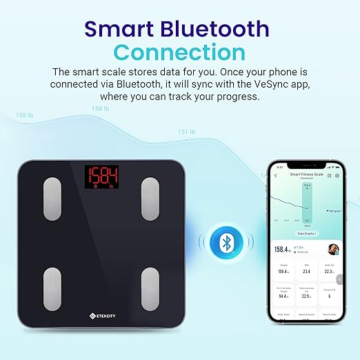 Etekcity Scales for Body Weight, Bathroom Digital Weight Scale Fat, Smart Bluetooth BMI, and Loss, Sync 13 Data with Other Fitness Apps, Black, 11x11 Inch