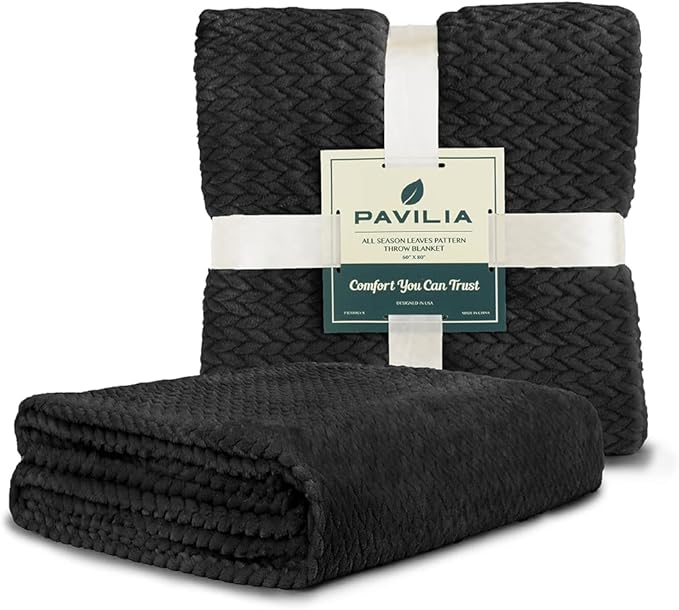 PAVILIA Soft Fleece Solid Black Throw Blanket for Couch, Lightweight Plush Warm Blankets for Bed, Fuzzy Cozy Flannel Blanket Throw for Sofa, Travel, Jacquard Pattern, Black, Twin, 60x80 inch